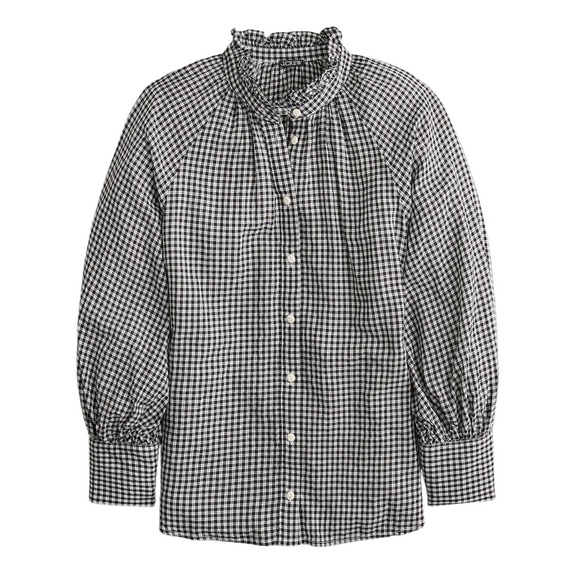 J CREW Ruffleneck Button-up Shirt in Plaid Soft Gauze Black & White Women’s Sz 2 - Picture 1 of 8